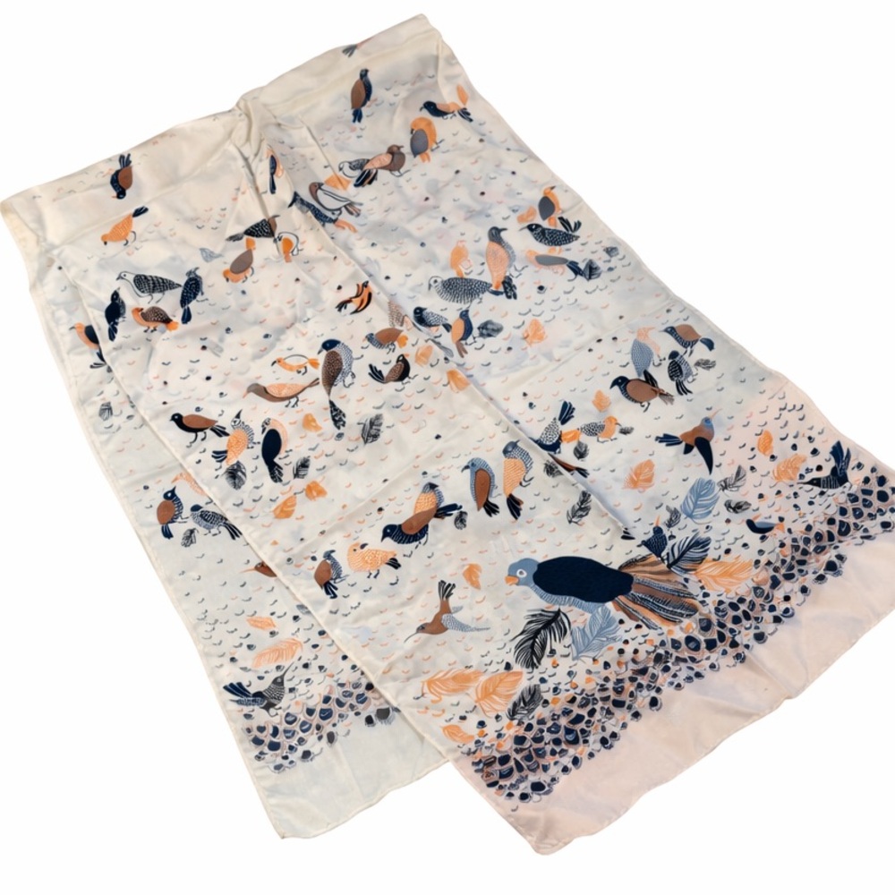 Vintage Echo Bird Print Scarf Blue Orange Feather ~46x15, late 90s early 2000s